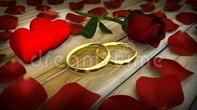 两<strong>枚</strong>金色结婚戒指和花瓣<strong>红色</strong>玫瑰